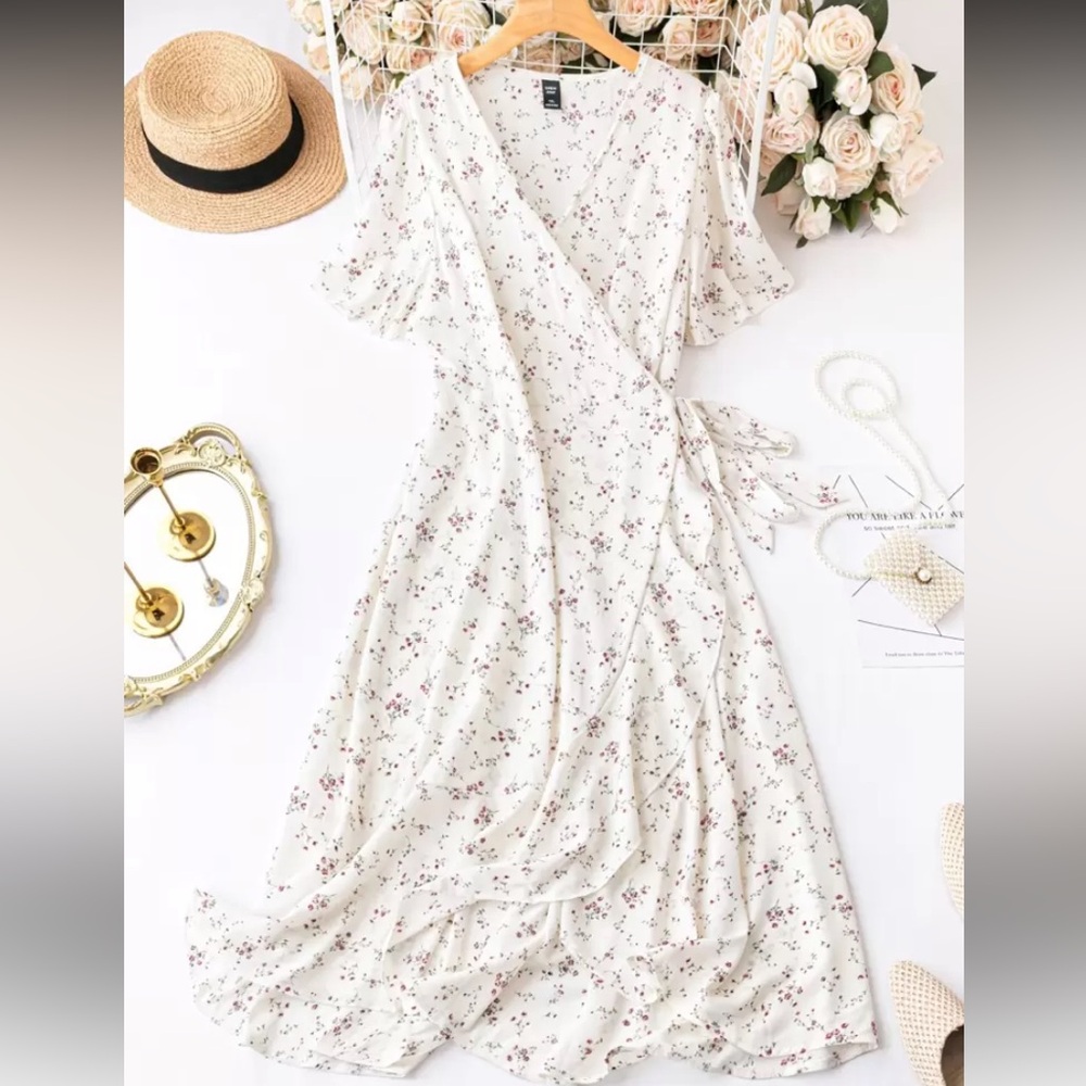 SHEIN Ivory Wrap Maxi Dress with Red Floral Print